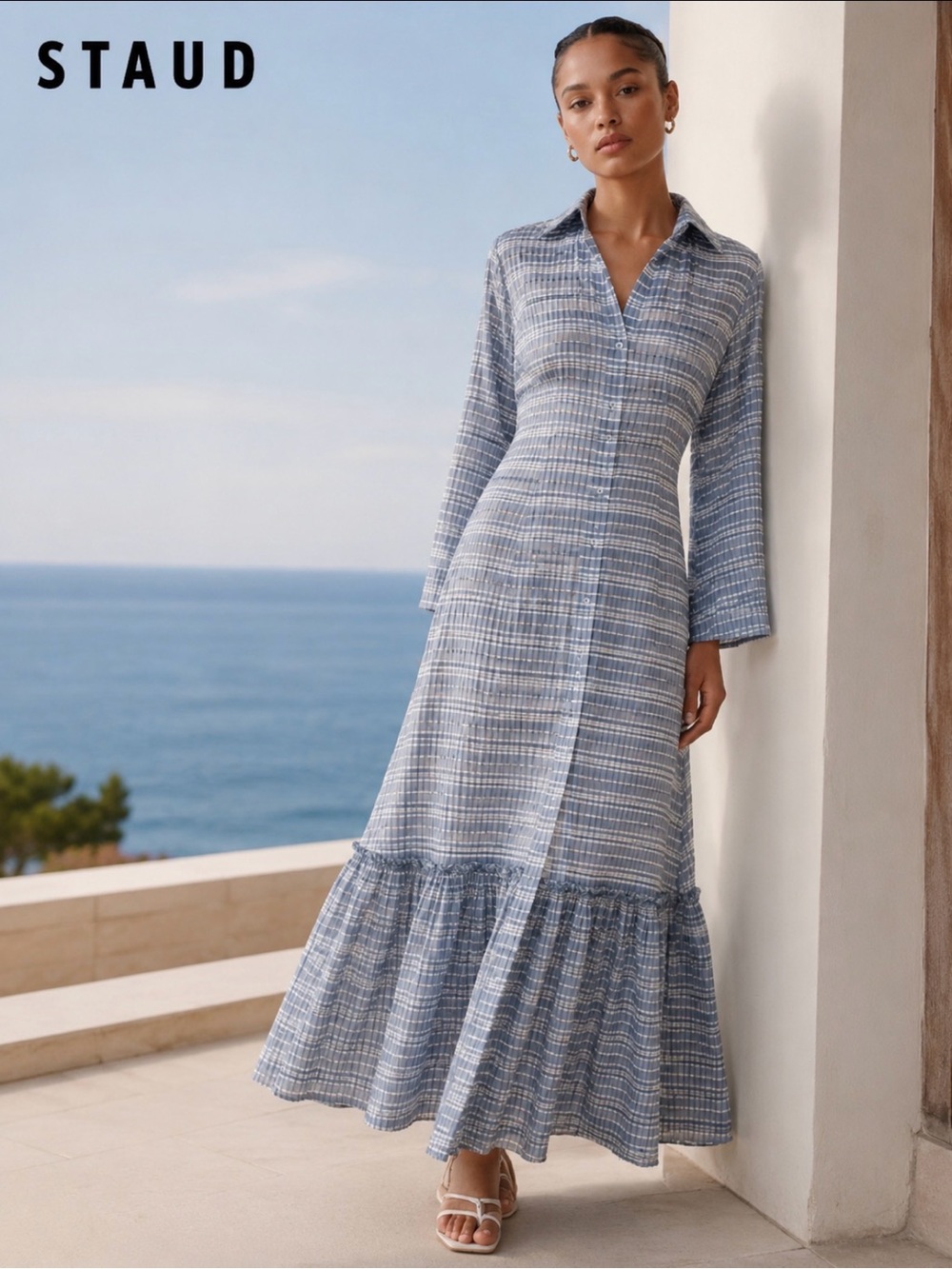 Staud Blue Plaid textured Button Front maxi Shirt Dress S